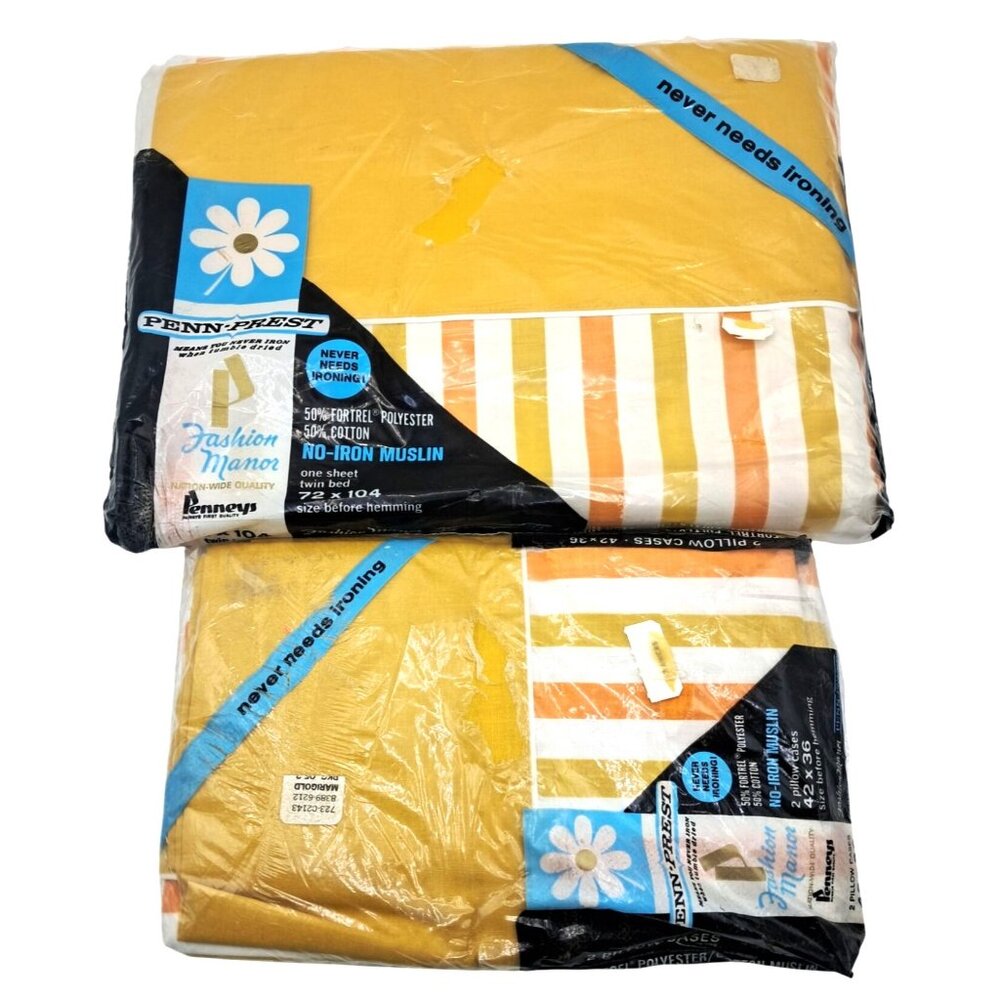 Vintage Penneys Sheet 2 Pillowcases Penn-Prest Fashion Manor No-Iron Muslin Twin
